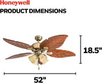 Honeywell Ceiling Fans Royal Palm, 52 Inch Tropical LED Ceiling Fan with Light, Pull Chain, Three Mounting Options, Hand Carved Solid Wood Blades - Model 50504-01 (Aged Brass)