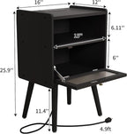 Mid Century Modern Nightstand with Charging Station, Bedside Tables with Glass Decorative Door, End Table Side Table with 2 Tiers Storage Space, for Bedroom, Living Room, Black
