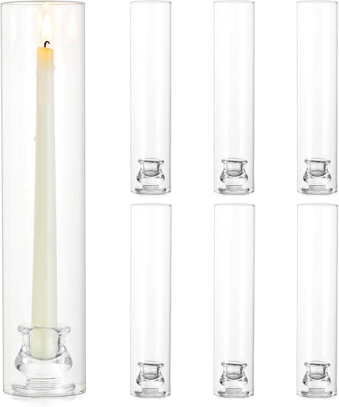 Glass Hurricane Candle Holder: 12" Tall Candlestick Holder Bulk with Cylinder Windproof Cover Set of 6 Clear Taper Candle Holders for Wedding Party Birthday Christmas Decor
