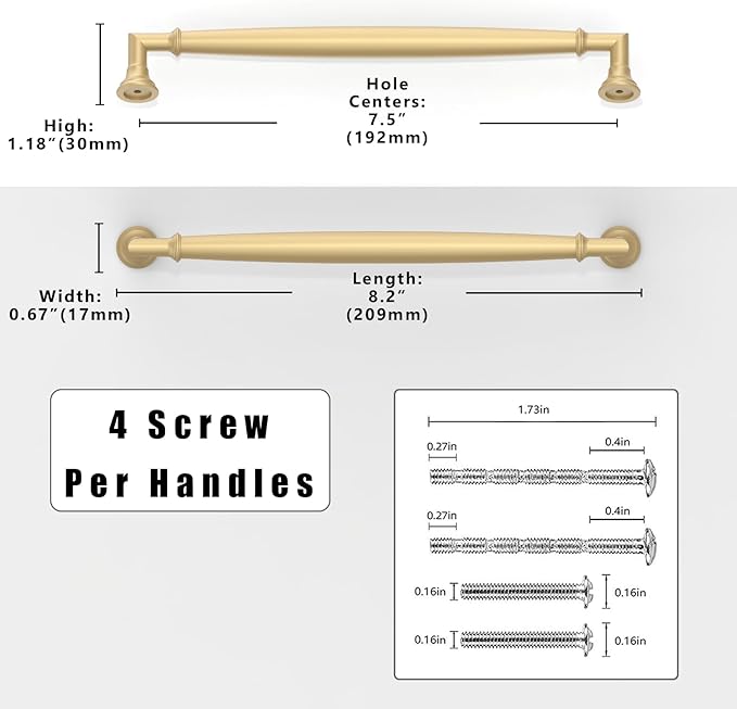 10 Pack Brushed Gold Cabinet Pulls 7.5 Inch(192mm) Kitchen Cabinet Handles Solid Zinc Alloy Cabinet Hardware Drawer Pulls