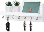 Decorative Key Holder for Wall with Shelf, Entryway Shelf with Hooks Holds Leashes, Jackets and Glasses – Sturdy Wood Keyholder Entrance Hanger with Mounting Hardware (White, Large)
