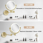 Matte Gold Wall Mounted Makeup Mirror with Lights and 10X Magnification, 8" Rechargeable 2-Sided 3-Colors, Touch Dimmable Extended Arm 360 Rotation, Foldable Vanity Cosmetic Shaving Mirror Bathroom