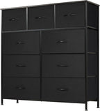 DUMOS Dresser for Bedroom, Storage Organizer with 9 Drawers, Chest of Drawers with Fabric Bins, Sturdy Metal Frame, Wood Tabletop for Guest Room, Closet, Entryway, Nursery
