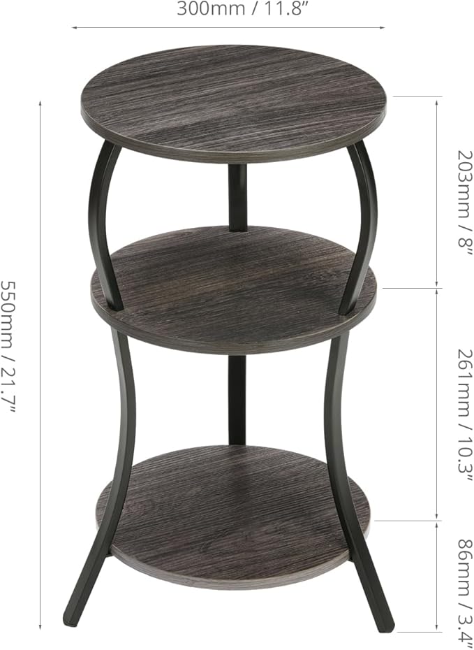 Vintage Small Round Side Table, 3-Tier Slim Waist Circular End Table with Storage Shelf, Compact Tea Sofa Side Table, Round Corner Coffee Table Nightstand for Living Room Bedroom Small Spaces,Grey