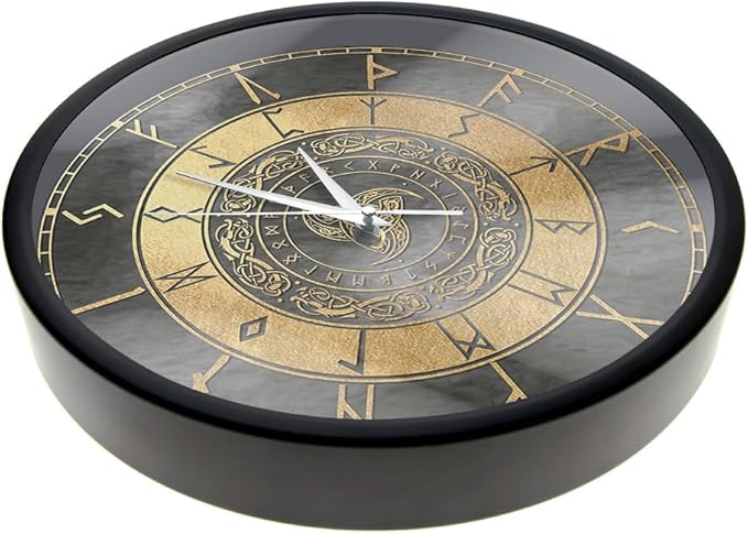 Triple Horn of Odin Decorative Wall Clock with Metal Frame, 12 Inch Viking Decor Nordic Sign Clock Scandinavic Mythology Celtic Rune Norse Pagan Clock Silent Movement Viking Gifts for Men