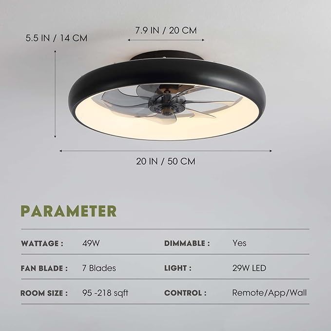 Modern Black 20" Flush Mount Ceiling Fan with Lights, 6 Wind Speeds, LED, Bedroom, Kitchen