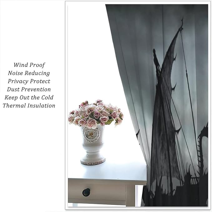 Viking Ship Blackout Curtains,Gloomy Misty Lake Landscape Fantasy Black White Color Sailing Dragon Boat Window Drapes for Boys Girls Bedroom Living Room,Norse Decor 63x63in