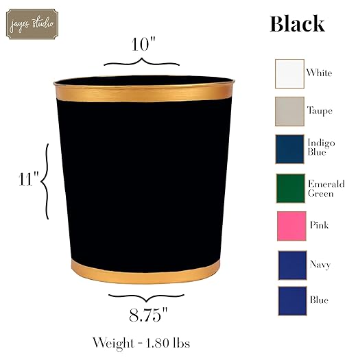 Jaye’s Studio Matte Black Waste Basket For Bathroom, Decorative Trash Can Gold Metal Basket, Black Bathroom Trash Cans For Bedroom & Office Wastebasket Garbage Bin, Gold Garbage Can Dorm, 12” x 10 x 8
