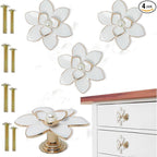 4 Pcs Petal Cabinet Knobs，Zinc Alloy Flower Shape Single Hole Knob with Screws for Dresser Handles Cabinet Wardrobe Door Handle Decorative Furniture (White Flower Pearl)