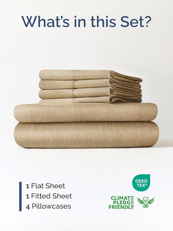 Extra Deep King Sheet Set - 6 Piece Breathable and Cooling Sheets - Hotel Luxury Bed Sheets Set - Easy Fit - Soft, Wrinkle Free and Comfy Sheets Set - Heathered Tan Sheet Set with Extra Deep Pockets