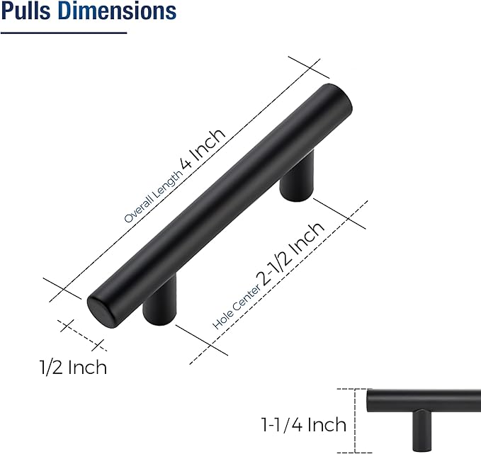 JOY DECOR 5 Pack Cabinet Handles, Black Cabinet Pulls, 2-1/2 in Hole Center Kitchen Hardware, Stainless Steel T Bar Handles for Dresser Drawers