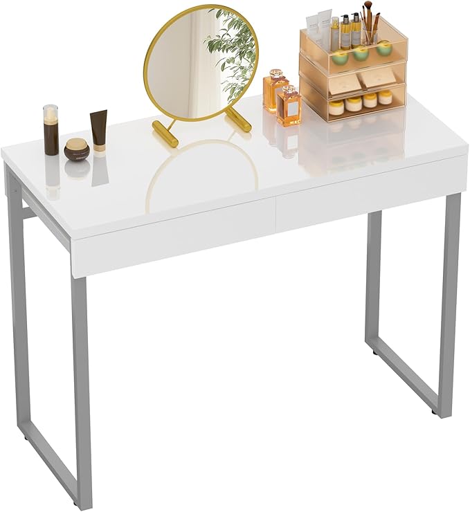 GreenForest Vanity Desk with 2 Drawers,47 inch White Desk with Glossy Desktop Easy Clean,Makeup Dressing Table with Metal Silver Legs for Home Office Small Spaces,Bedroom