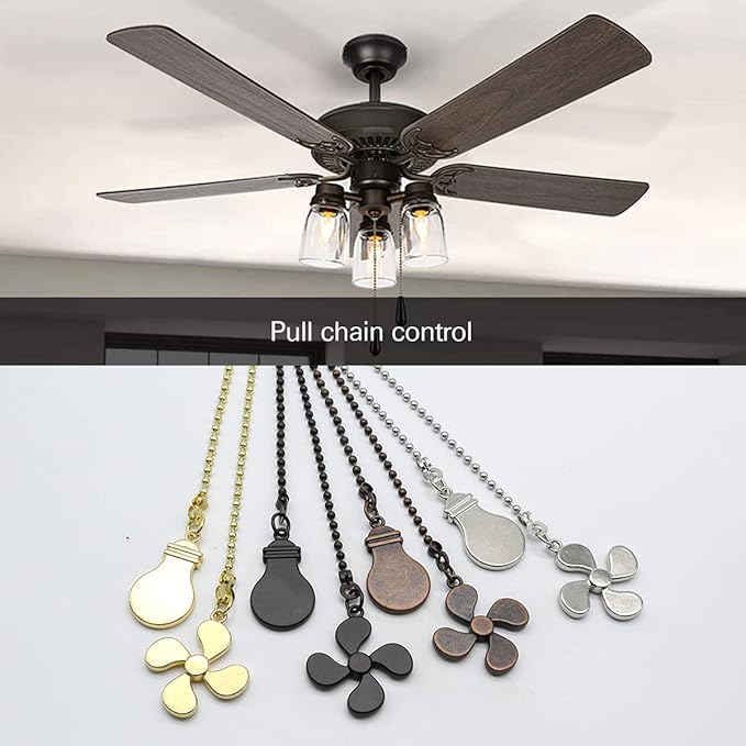 Ceiling Fan Pull Chain Set, 4 Pieces Bulb and Fan Pattern Pull Chain Extension Fan Pull Chain Pendant 12 Inch Ceiling Fan Chain Extender with Ball Fan Chains Connector (Red Bronze)