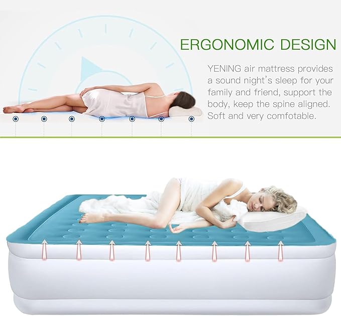 YENING Full Size Air Mattress with Built in Pump Raised Double Blow up Bed Inflatable Camping Airbed Electric 18 Inch Tall Blue