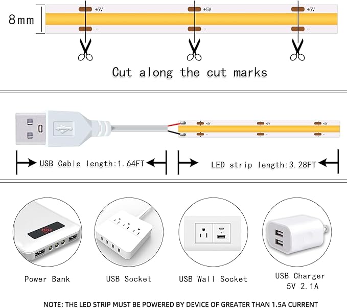 LED Strip Lights USB Short Light Strips, 6500K Bright White Not Dimmable 5V COB Small LED Strip for Indoor Bedroom Kitchen DIY Home Decor Display Cabinet 5V LED TV Lighting (3 Pack 3.28FT)