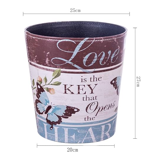 Leather Trash Can, Retro Decorative Waste Basket, 10L Capacity Small Waste Paper Basket, Waterproof Garbage Can for Bathroom, Bedroom, Office, Kitchen and Living Room - Butterfly