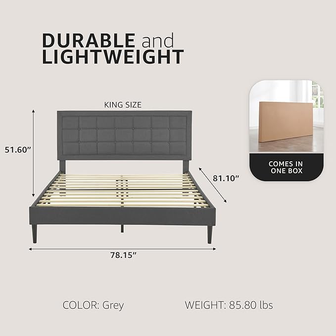 Decoro Mornington Upholstered 2.0 Platform Bed, Button-Tufted Fabric Headboard and Metal Frame with Wood Slat Support, Light Grey, King