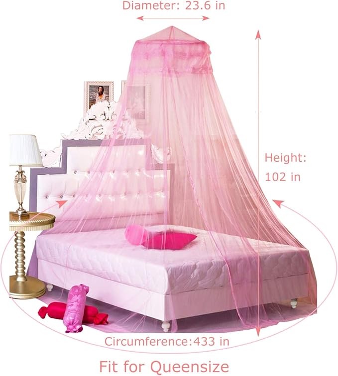 BCBYou Pink Princess Bed Canopy Netting Mosquito Net Round Lace Dome for Twin Full and Queen Size Beds Crib with Jumbo Swag Hook