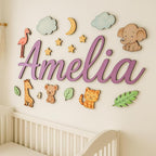 Custom Nursery Name Sign with Themed Decor Kit | Personalized Wooden Wall Art for Baby, Kids Room | Space, Jungle, Circus, Under The Sea, Woodland, Rainbow (40", Jungle/Safari)