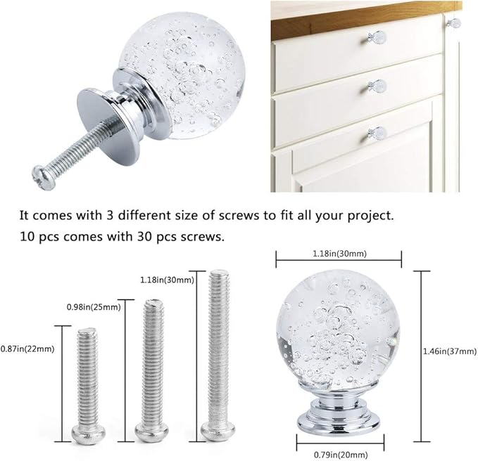 10 PCS Crystal Cabinet Knobs Round Glass Bubbles Knobs Smooth Drawer Pulls Handle for Home, Cabinet, Drawer and Dresser with 3 Different Size Screws, 30MM (Transparent)
