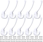 10 Pack Heavy Duty Dual Coat Hooks Wall Mounted with 20 Screws Retro Double Hooks Utility Black Hooks for Coat, Scarf, Bag, Towel, Key, Cap, Cup, Hat (White)