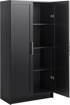 Prepac Elite Accent Cabinet with Panel Doors, Black Storage Cabinet, Bathroom Storage, Pantry with 3 Shelves 16.75" D x 32" W x 65" H