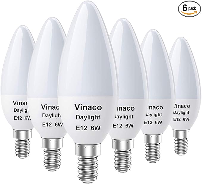 Vinaco E12 LED Bulb, 6 Pack E12 Candelabra Bulb 60 Watt Daylight White 5000K, High Brightness 600LM & 25000+ Long Lifespan E12 Bulb, E12 Candelabra Base, Light Bulb for Ceiling Fan Light Bulb…