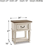 Signature Design by Ashley Realyn Traditional Cottage 1 Drawer Nightstand with Dovetail Construction & Open Display Shelf, Chipped White, 27" Tall, Distressed Brown