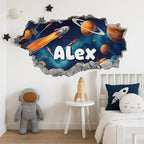Personalized Space 3D Wall Hole Decal for Kids Room – Custom Name Rocket Galaxy Planet Wall Sticker for Boys Bedroom – Outer Space Themed Wall Art for Nursery Playroom – Removable Vinyl Decor