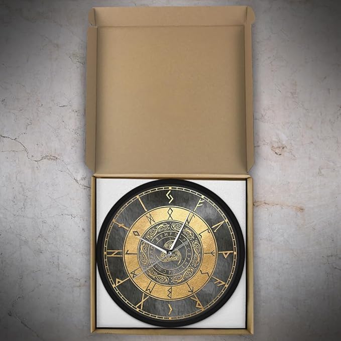 Triple Horn of Odin Decorative Wall Clock with Metal Frame, 12 Inch Viking Decor Nordic Sign Clock Scandinavic Mythology Celtic Rune Norse Pagan Clock Silent Movement Viking Gifts for Men