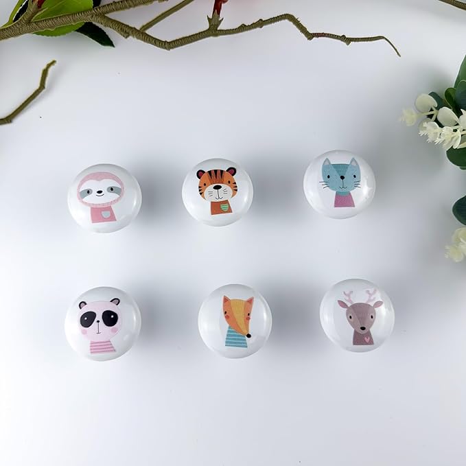 6pcs 1.5" 6Pack Cute Safari Animal Ceramics Kids Cabinet Furniture Nursery Cabinet Dresser Drawer Knobs and Door Pulls