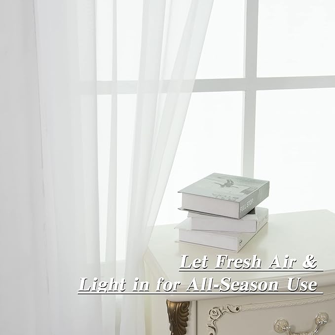 HUTO White Sheer Curtains 63 inches Long for Bedroom Top Rod Pocket Sheer Window Panels Curtains for Nursery Living Room 52 by 63 Inch Length Set of 2
