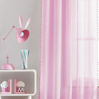 Treatmentex Sheer Curtains for Bedroom Nursery Room Pink 72 inches Long Linen Texture Slub Pom Pom Voile for Windows 52" W x 2 Panels Rod Pocket