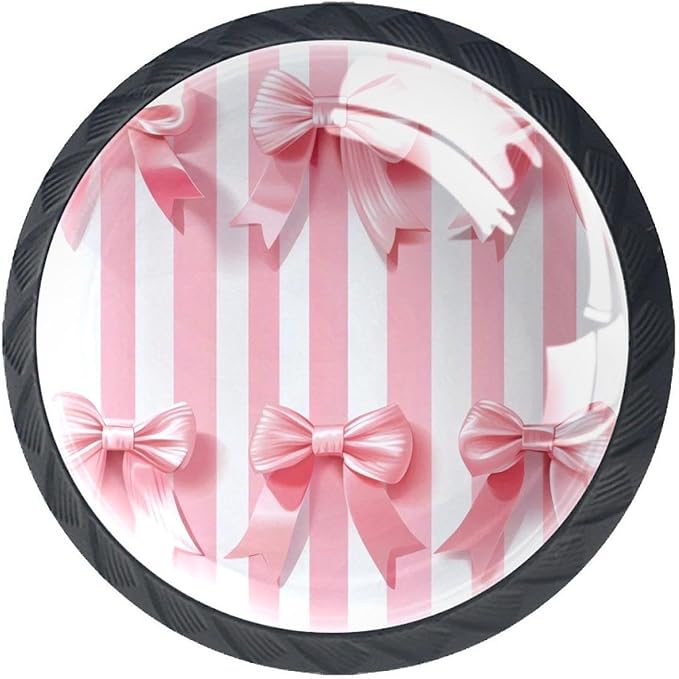 Pink Ribbon Bows on Striped White Pink Background Kitchen Cabinet Knobs, Decorative Dresser Knobs with Screws Pulls Handles Hardware Drawer Knobs for Home Furniture, 4 Pack