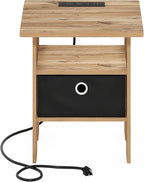 Furinno Andrey USB and Type-C Port Charging Station End Table with Storage Bin, 15.55 (W) x 12.56 (H) x 8.5 (D) inches, Flagstaff Oak/Black