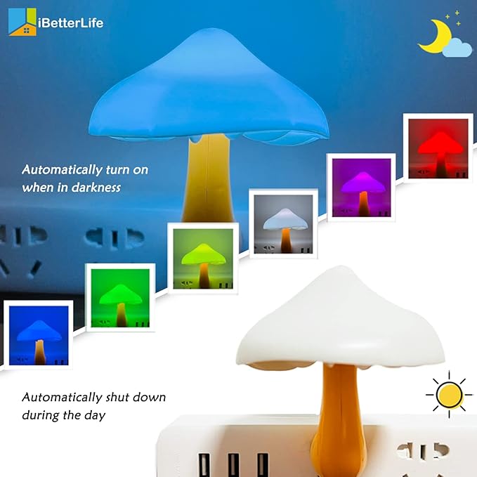 iBetterLife Mushroom Sensor LED Night Light - Plug-in 7 Color Changing Mushroom Lamp, Mini Dream Bed Cute Colourful Nightlight for Adults Kids for Bedroom, Bathroom, Stairs, Hallway Corridor