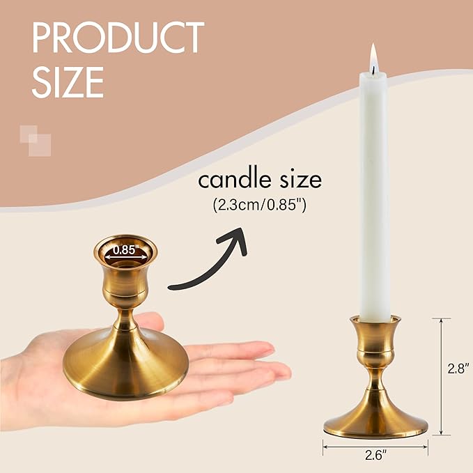 Gold Taper Candle Holder, Brass Candlestick Holders, Vintage Metal for Table Centerpieces Wedding Christmas Decor (Gold, 2 Pcs)