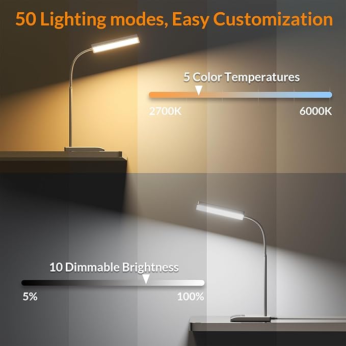 LEPOWER Desk Lamp, 800LM LED for Home Office, 12W Reading for Desk, Eye-Caring Light, Touch Table Gooseneck Lamp, 50 Lighting Modes, Bright for Bedroom, Study (Grey)