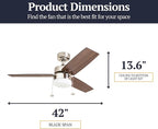 Prominence Home Reston, 42 Inch Modern Farmhouse LED Ceiling Fan with Light, Pull Chain, Dual Mounting Options, Dual Finish Blades, Reversible Motor - 51014-01 (Brushed Nickel)