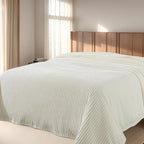 Cuddly Queen Size Blanket, Fluffy Fleece, Warm & Soft with Striped Pattern, 90x90 Inches, Cream