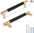 Knurled Cabinet Pulls 25 Pack, 6 Inch Long Cabinet Handles Metal Door Pulls, Kitchen Drawer Pull Knurled Dresser Handles - 5" Hole to Hole, Black & Gold