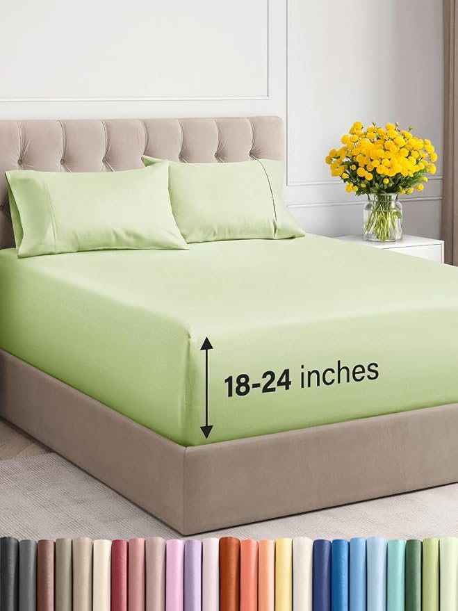 Extra Deep Twin Sheet Set - 4 Piece Breathable & Cooling Sheets - Hotel Luxury Bed Sheets Set - Easy & Secure Fit - Soft, Wrinkle Free & Comfy Sheets Set - Light Sage Sheet Set with Extra Deep Pockets