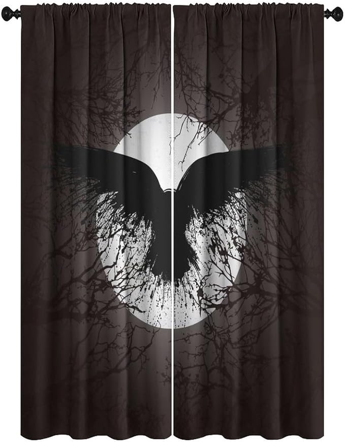 Cool Raven Print Curtains for Bedroom - Vintage Nordic Viking Theme Dead Tree Crow Full Moon Window Treatment,Energy Saving Thermal Insulated Rod Pocket Bedroom Blackout Curtains 2 Panels 84L x 26W