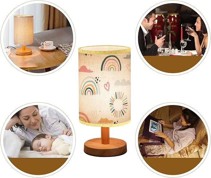 LOPYEIJFG Minimalist Bedside Table Lamp Seamless with Hand Drawn Rainbows and Sun Trendy Baby Texture for Wood Nightstand Lamp Bedside Desk Lamp Wood Base Flaxen Fabric Shade for Bedroom Living Room