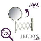 JERDON Two-Sided Wall-Mounted Makeup Mirror - Makeup Mirror with 7X Magnification & Extendable Arm - 8-inch Diameter Mirror with Nickel Finish Wall Mount - Model JP2027N