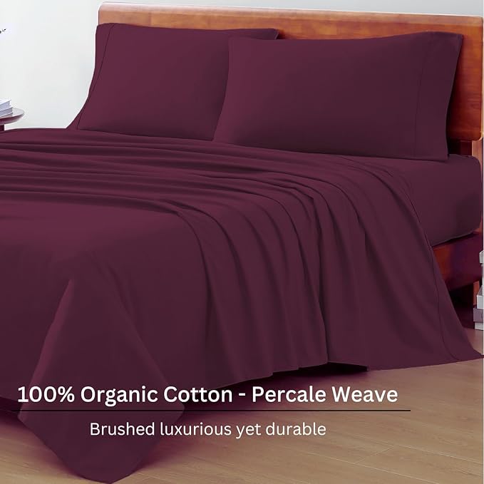 LANE LINEN 100% Organic Cotton Eco Friendly Full Size Bed Sheets, Mercerized Fully Elasticized Cotton Sheets Full, Percale Weave Soft & Comfy Comes in Variety of Colors- Windsor Wine