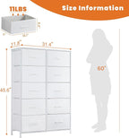 Sweetcrispy 10 Drawer Fabric Dresser Tall Chest Storage Organizer Tower with Cabinet Metal Frame and Wood Top Lightweight Nursery Closet Furniture for Bedroom,Cream White