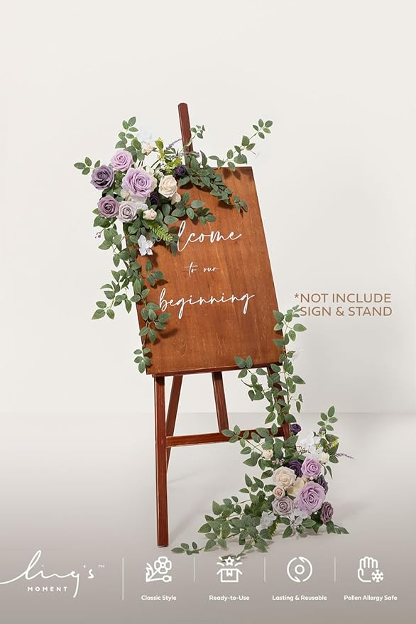 Ling's moment 2pcs Wedding Flowers Garland Artificial Floral Swag Arch Decorations Greenery Arrangements Lilac & Gold Ceremony Reception Garden Easel Wall Home Entryway Outdoor NOT Include Sign