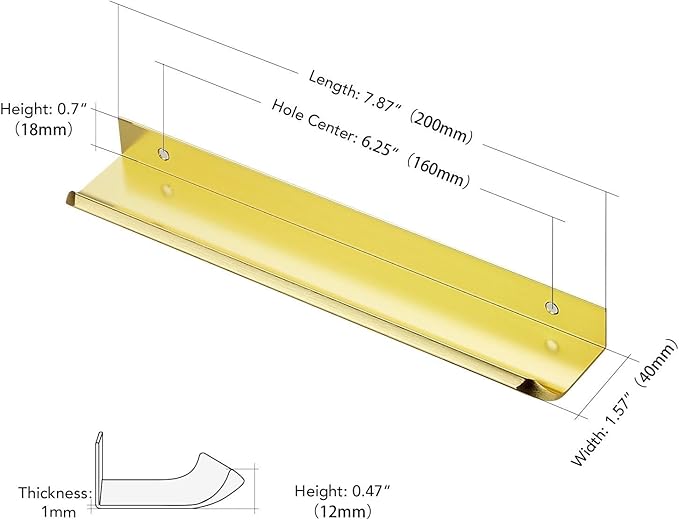 Ravinte Hardware 20 Pack Gold Cabinet Handles, 7.8 Inch (200mm) Finger Edge Pulls, 6-1/4 Inch Hole Center, Finger Pulls for Cabinets