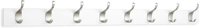 Amazon Basics Wall Mounted Modern Coat Rack with Versatile Storage Hooks, Rectangular, 8-Hook, White